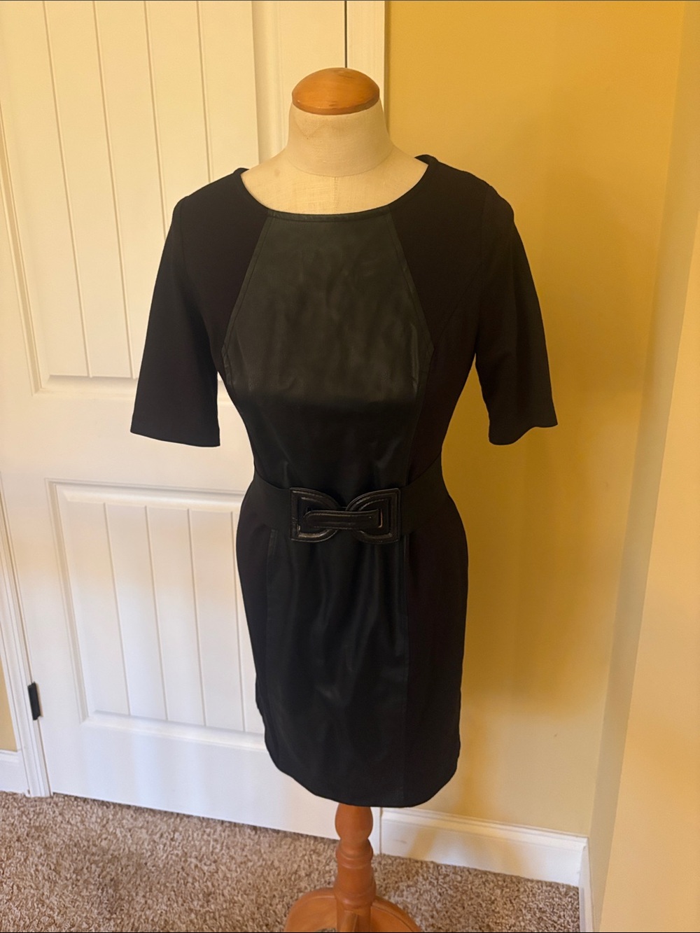 Black Faux-Leather Panel Sheath Dress